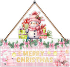 1PCS Merry Christmas Wall Hanging Sign, Pink Wooden Sign for Front, Chrismas Theme Welcome with Snowman, Perfect for Winter Farmhouse Garden Porch Wall Decor (Christmas Door Sign)