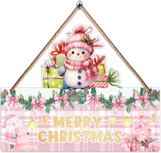 1PCS Merry Christmas Wall Hanging Sign, Pink Wooden Sign for Front, Chrismas Theme Welcome with Snowman, Perfect for Winter Farmhouse Garden Porch Wall Decor (Christmas Door Sign)