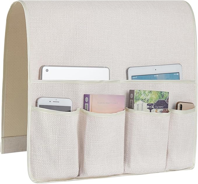 Sofa Armrest Organizer Non-Slip Arm Chair Hanging Caddy Remote Control Holder for Magazine,Tablet, Phone, Books, Glasses(Cream,19in)