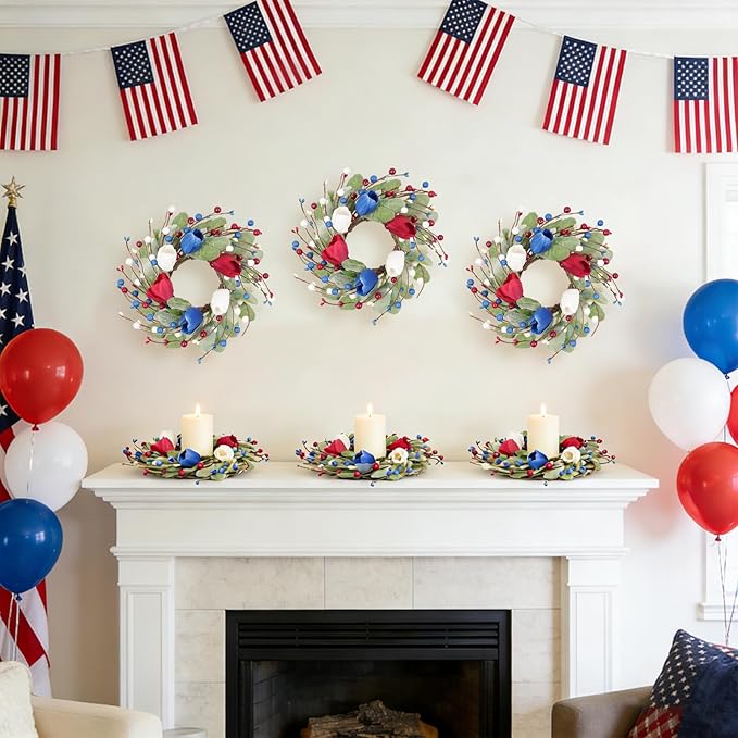 6 Pcs Red White and Blue Patriotic Wreaths, 9 Inch with Sage Green Lamb's Ear, Berry Stems & Tulips | 4th of July Memorial Day Front Door Decor