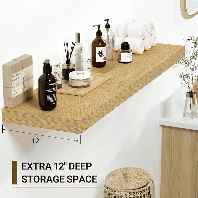 Vivelove 12 Inch Deep Floating Shelves 55 inch Long, Thick Wall Shelves with Invisible Brackets, Shelf for Bedroom Bathroom Living Room Kitchen Office, Rustic Farmhouse Decor, 55x12x1.5 Set of 2, Oak