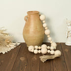 2" Extra Large Wood Bead Garland with Tassels, 50" Long Rustic Farmhouse Wooden Beads Garland, Decorative Beads Boho Decorations for Home Table Mantle Natural Beige