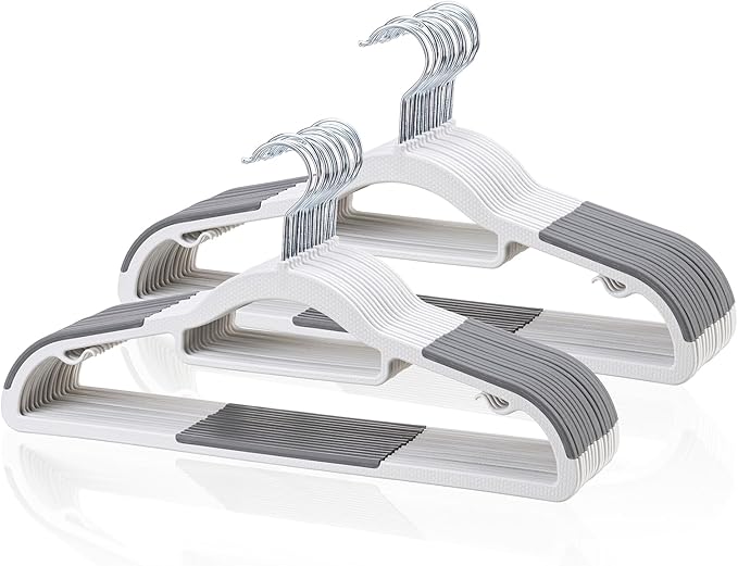 Pack of 30 Clothes Hangers, Space Saving Plastic Hangers, Non-Slip, 0.2 Inches Slim, 360° Swivel Silver Hook for Shirts, Pants & Wet/Dry Garments, White and Dark Gray