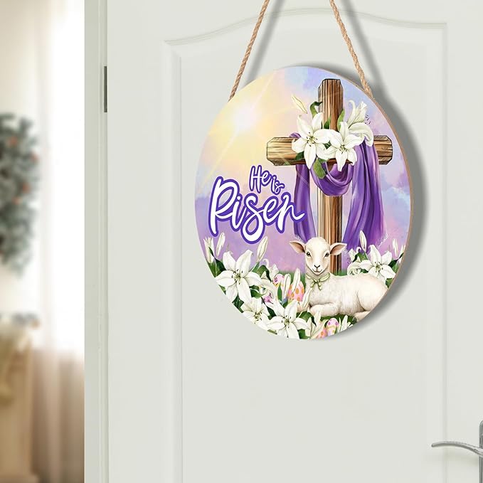 He is Risen Easter Religious Cross Sign for Front Door 12"x12" Spring Sunrise Lamb Door Hanger for Outdoor Outside Porch Christian Lily Flowers Wooden Wreath Easter Wall Hanging Decoration for House
