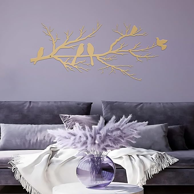 ESTART Metal Birds Wall Art, Metal Vivid Birds on Branch Silhouette Wall Decor Gold Leaves with Bird Outdoor Hanging Wall Sculpture for Home Living room Bedroom Balcony Garden (Gold, Large)