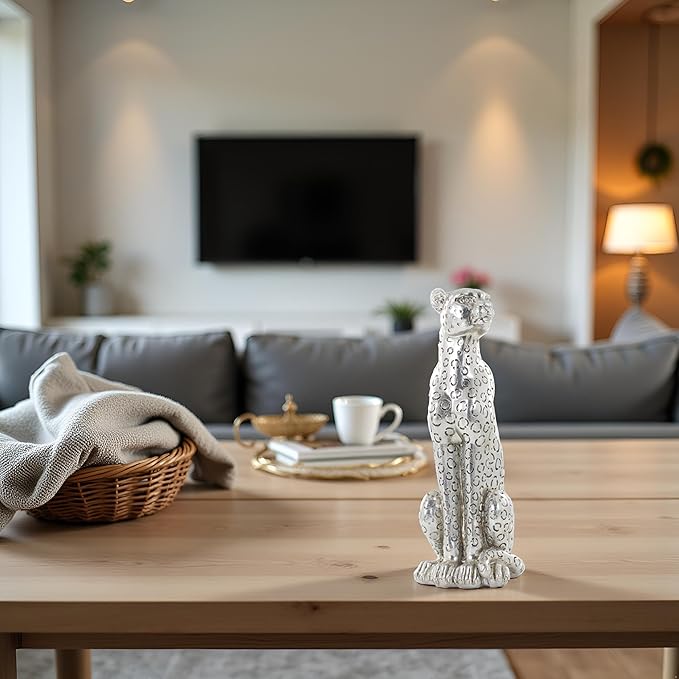 Cheetah Statue Sculptures Home Decor , 11"Silvery Leopard Antique Classical Figurine Sitting Sculpture Standing,Office,living room,dining room,display rack,coffee table or entrance tabletop decoration
