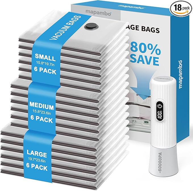 Mapambo Travel Vacuum Bags with -60000Pa LED Electric Pump, 18 Pack Vacuum Seal Bags for Clothing Travel in 3 Combo sizes, Space Saver Vacuum Storage Bags, Saving up to 80% of Space (18 Combo Size)