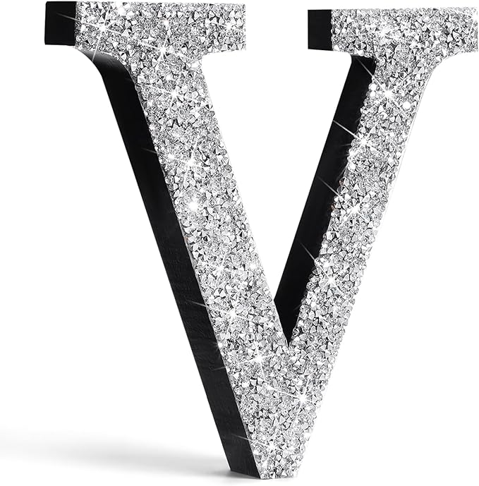 Qunclay 8'' Silver Crystal Diamond Bling Letters Crushed Diamond Decoration Wooden Glitter Letter with Screw and Hooks Rhinestone Gift for Wedding Y2k Mcbling Bedroom Wall Decor (Letter V)