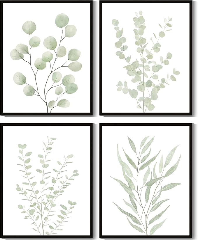 Drsoum Botanical Plant Framed Wall Art Boho Wall Decor for Bathroom Sage Green Eucalyptus Leaf Prints Minimalist Aesthetic Ready to Hang Set of 4, 11x14 in (Black Framed)