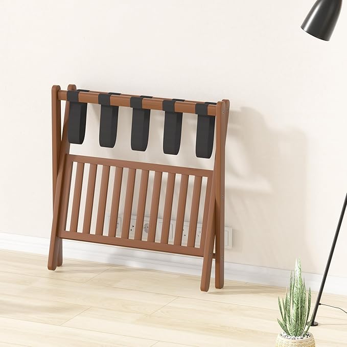 Luggage Racks Suitcase Stand Foldable With Storage Shelf For Guest Room Hotel Essentials Solid Bamboo Heavy-Duty Item Holder Chestnut Brown