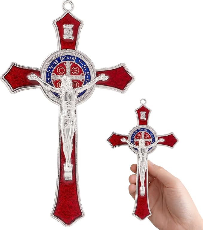 TALPGOD 7 Inch St Benedict Crucifix Red,Crucifix Wall Cross for Catholic Decor,Jesus Christ Hanging Cross Wall Art Decor,Escapularios Catolicos,Saint Benedict Medal for Home Decoration