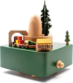 Natural Solid Wood Handcrafted Beech Wooden, Musical FigureTotoro/Carousel/Fairy/Ballerina Figurine,Rotating Hand Crank Mechanism Music Box,Musical Decorations (Green Christmas Train)