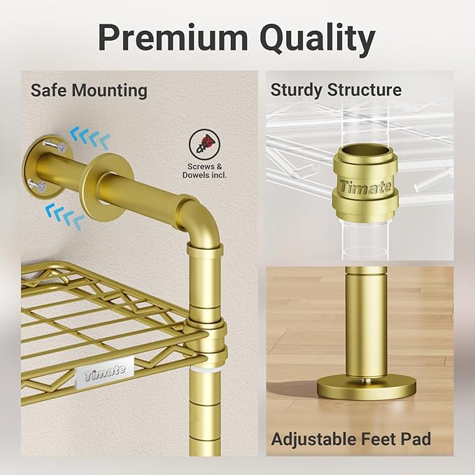 Timate F4 Wall Mounted Clothes Rack Industrial Pipe Clothing Rack for Hanging Clothes, Expandable Garment Rack Heavy Duty Wardrobe Closet Organizer and Storage, Adjustable Industrial Closet Kit, Gold