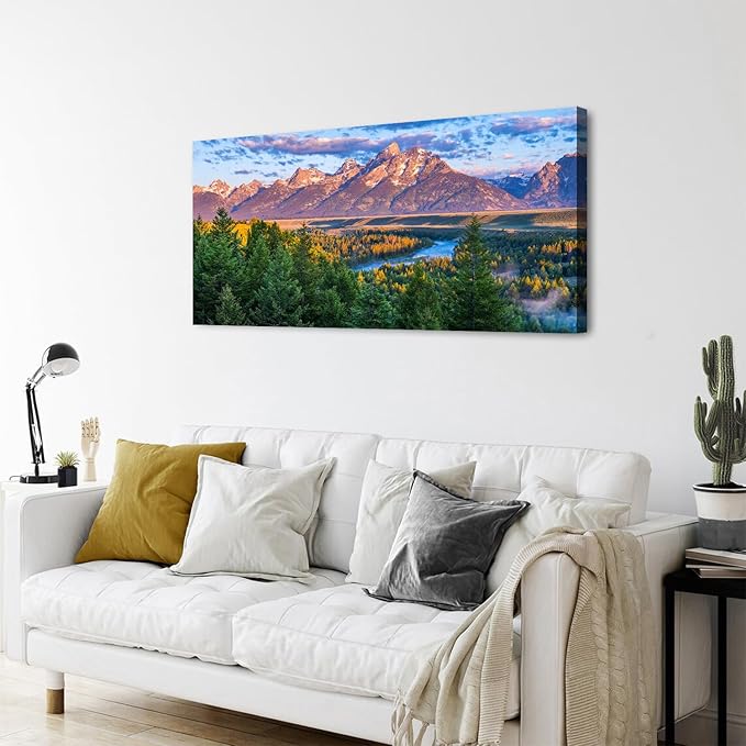 AIYISU Grand Teton Mountain Wall Art Sunset Nature National Park Posters Oxbow Bend Snake River Landscape Wall Decor Wyoming Scenery Painting Artwork for Living Room Office Home Decoration 24x48