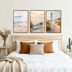 KAlRNE Modern Coastal Framed Canvas Wall Art Set of 3(24”X36”),Neutral Beach Sailboat Wall Decor,Ocean Lighthouse Picture,Photography Seagull Seascape Art Prints For Living Room Bedroom Office