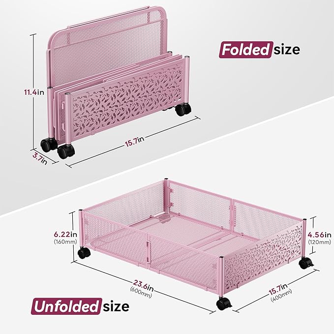 Under the Bed Storage Containers with Wheels, Under Bed Storage, Under Bed Shoe Storage Organizer Drawer, Tool-free Assembly Metal Underbed Storage Containers -Pink