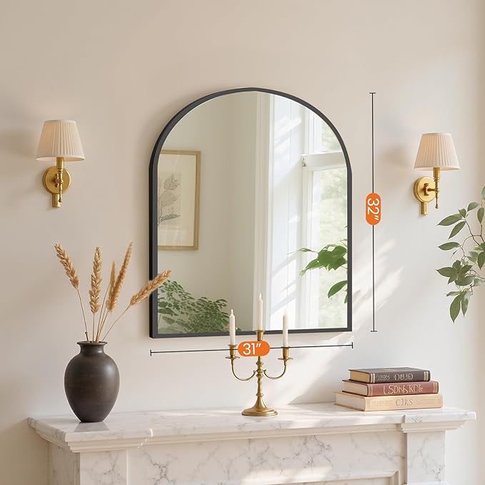 Sweetcrispy 31"x32" Arched Black Bathroom Mirrors for Wall, Bathroom Mirrors for Over Sink, Metal Framed with HD Shatter-Proof Glass for Entryway, Living Room, Bedroom