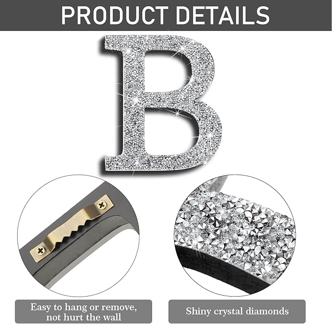 Qunclay 5.7" Silver Crystal Diamond Bling Letters Crushed Diamond Decoration Wooden Glitter Letter with Screw and Hooks Rhinestone Gift for Wedding Y2k Mcbling Bedroom Wall Decor (Letter B)