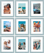 Vittanly 8x10 Picture Frames Set of 9, Shatter Resistant Plexiglass, Display 5x7 Pictures with Mat or 8x10 without Mat, Photo Frames for Wall or Tabletop, Engineered Wood, Rustic Blue