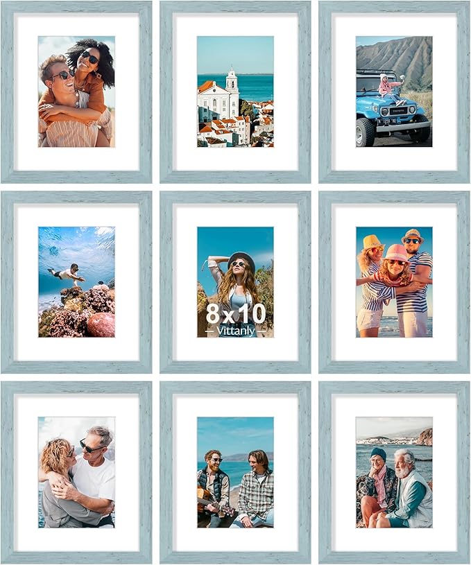 Vittanly 8x10 Picture Frames Set of 9, Shatter Resistant Plexiglass, Display 5x7 Pictures with Mat or 8x10 without Mat, Photo Frames for Wall or Tabletop, Engineered Wood, Rustic Blue