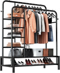 Clothes Rack, Double Rods Clothing Rack with 2 Bottom Shelves & 4 Side Shelves, Metal Garment Rack for Hanging Clothes, Heavy Duty Clothes Rack for Bedroom, Laundry, Living Room, Black