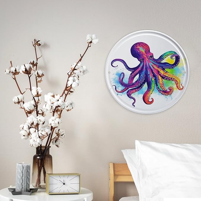 Wall Picture, with Colorful Octopus Printed Circular Iron Hanging Picture,Wall Art Decor,Home for Bedroom Living Room Bathroom Decor,Iron Painting 11.8X11.8 in