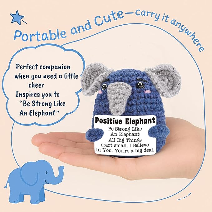 Mini Crochet Elephant Gift with Positive Card, Handmade Emotional Support Animal Doll, Cute Cheer Up Encouragement Gift for Women Men Friends, Graduation Birthday Desk Decor