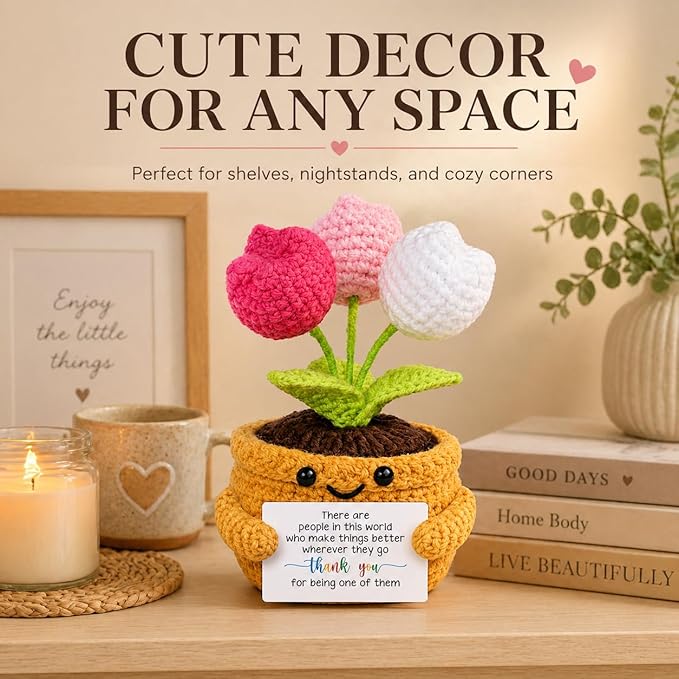 Velyra Tulip Crochet Doll, Make Things Better Positive Flower Doll with Appreciation Card, Handmade Emotional Support Plush, Thank You Gift, Teacher Nurse Coworker Gifts, Small Desk Shelf Decor