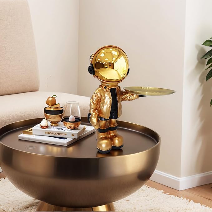 Dosker Astronaut Statues with Candy Dish & Key Dish,Spaceman Sculpture Polyresin Arts Gifts,Figurine Ornament Room Decor for Men,Tabletop Decoration for Living Room, Office, Entryway(Golden)