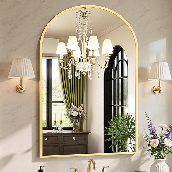 Sweetcrispy 30"x40" Arched Gold Bathroom Mirrors for Wall, Bathroom Mirrors for Over Sink, Metal Framed with HD Shatter-Proof Glass for Entryway, Living Room, Bedroom, Home Decor