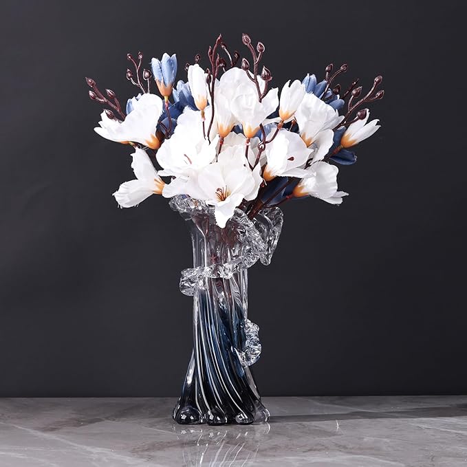 Blue White Clear Wave Vases Gradient, Murano Hand Blown Glass Vase Unique Art Decorative, for Ocean Themed Coastal Home Centerpiece Modern Office Entrance Table Creativity
