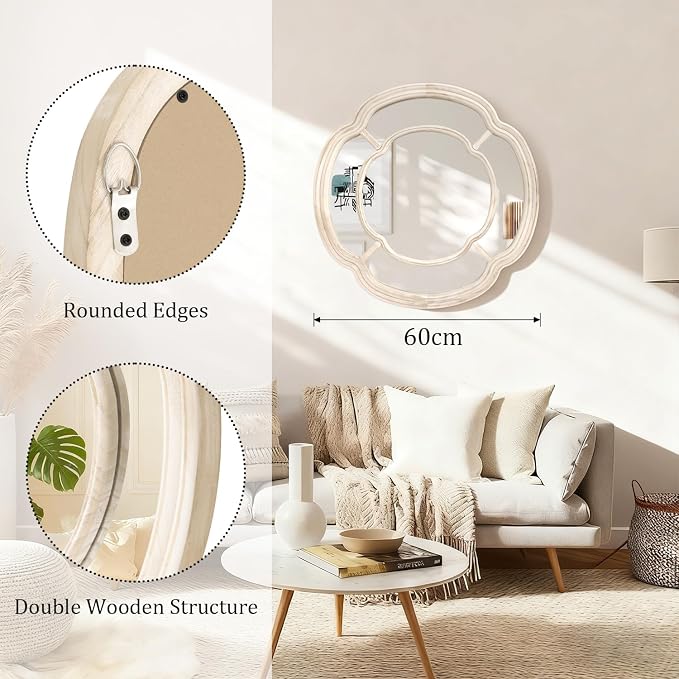 Irregular White Mirror, Wall Mounted Wavy Circle Large Mirror Wood Frame Round Hanging Decorative Mirros for Entryway Living Room Vanity and Bedroom, 20 Inch Home Decor
