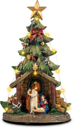 VISFLAIR 12'' Christmas Tree Lighted Manger Nativity Scene, Musical Holy Family Collectible Buildings Figurines LED Light Play Silent Night Music, Holiday Decorations Gifts for Family or Friends