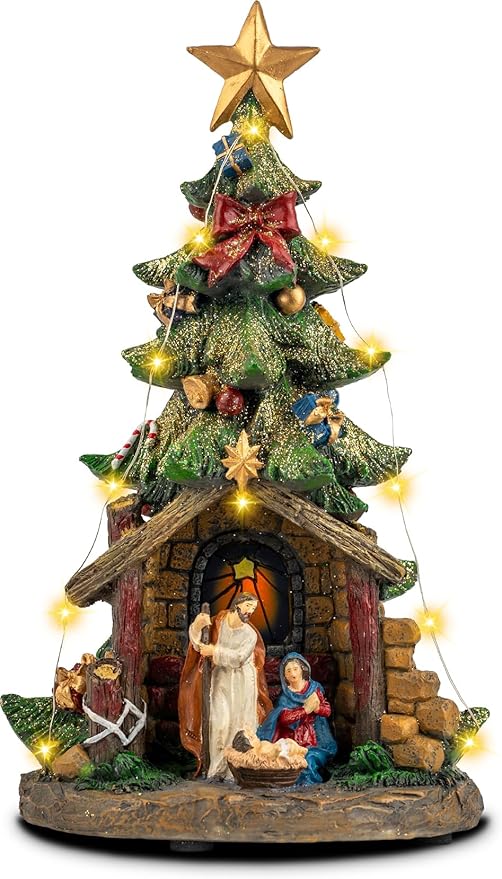 VISFLAIR 12'' Christmas Tree Lighted Manger Nativity Scene, Musical Holy Family Collectible Buildings Figurines LED Light Play Silent Night Music, Holiday Decorations Gifts for Family or Friends