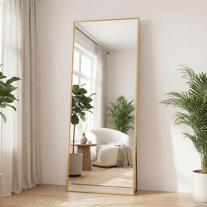 DUMOS Full Length Mirror with Stand 24"x65" Floor Standing Aluminum Frame for Bedroom Body Hanging Leaning Modern Simple Home Decor Shatter-proorf Nano Glass Wall Living Room Cloakroom, Gold