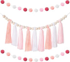 Syhood 3 Pcs Boho Tassel Garland Wall Hanging Decor 1 Boho Tassel Garland with Wood Beads and 2 Western Colorful Pom Pom Ball for Classroom Party Wedding Baby Shower Home Decorations(Vivid Colors)