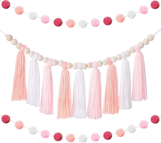 Syhood 3 Pcs Boho Tassel Garland Wall Hanging Decor 1 Boho Tassel Garland with Wood Beads and 2 Western Colorful Pom Pom Ball for Classroom Party Wedding Baby Shower Home Decorations(Vivid Colors)