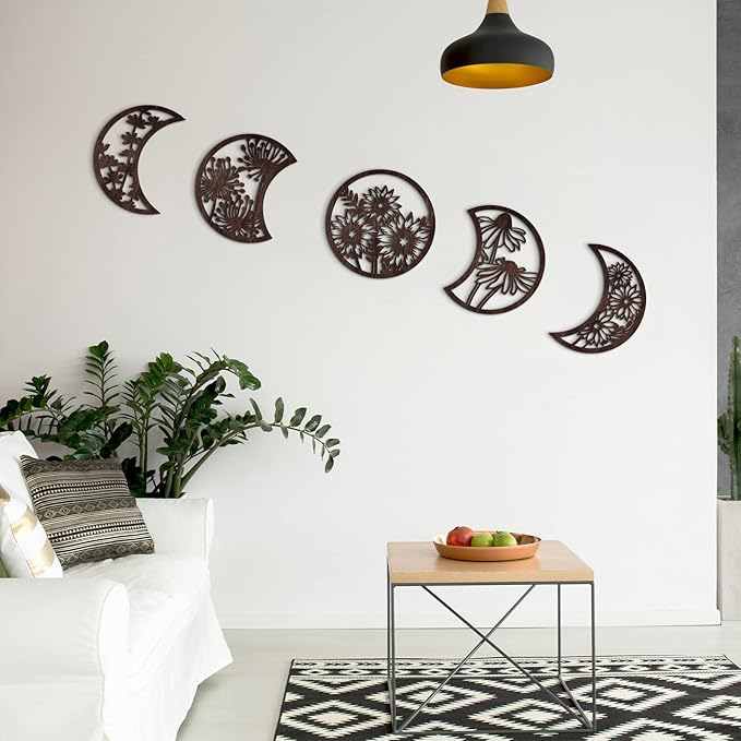 Jetec 5 Pcs Moon Phase Wall Art Decor Wall Pediments Hanging Wooden Phase Spiritual Bedroom Nordic Boho Lunar Aesthetic Art for Living Room Dorm Apartment Ornament(Brown)