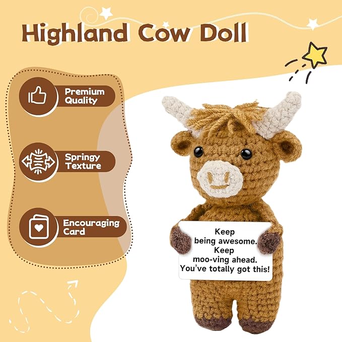 DAFURIET Handmade Positive Crochet Highland Cow, Emotional Stuffed Animal Doll Gifts for Women/Men, Cute Birthday Graduation Present for Friend, Coworker, Son, Daughter