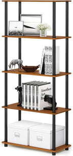 Furinno TURN-N-TUBE Storage Shelves, 5-Tier Book Shelf, Corner Shelf, Toolless Open Shelves, for Organization and Storage, Living Room, Garage, Home Office, Light Cherry