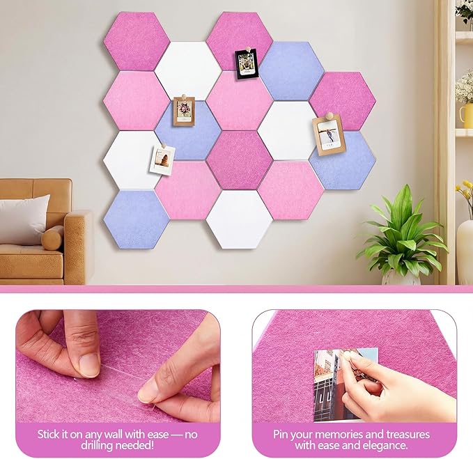 Mindsoft 16 Pcs Hexagon Cork Board for Walls with 50 Wooden Push Pins 12x10 in Felt DIY Tiles Notice with Nano Tape Hanging Bulletin Board for Home Photo Office Memo Note(Pink)