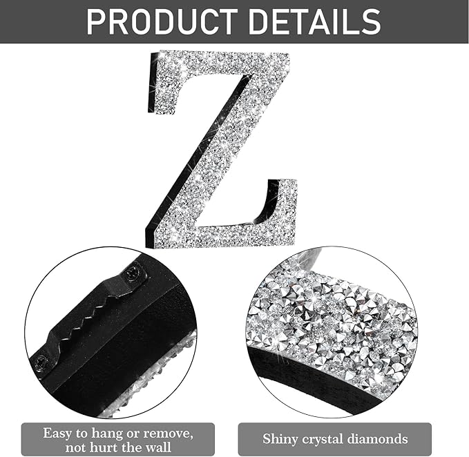 Qunclay 5.7" Silver Crystal Diamond Bling Letters Crushed Diamond Decoration Wooden Glitter Letter with Screw and Hooks Rhinestone Gift for Wedding Y2k Mcbling Bedroom Wall Decor (Letter Z)