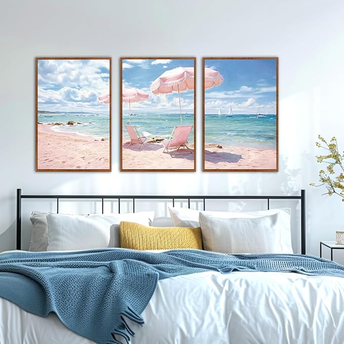 KAlRNE Summer Pink Beach Framed Canvas Wall Art Set of 3(24”X36”),Seascape Coastal Surfing Wall Decor,Modern Nature Ocean Art Prints For Living Room Bedroom Office