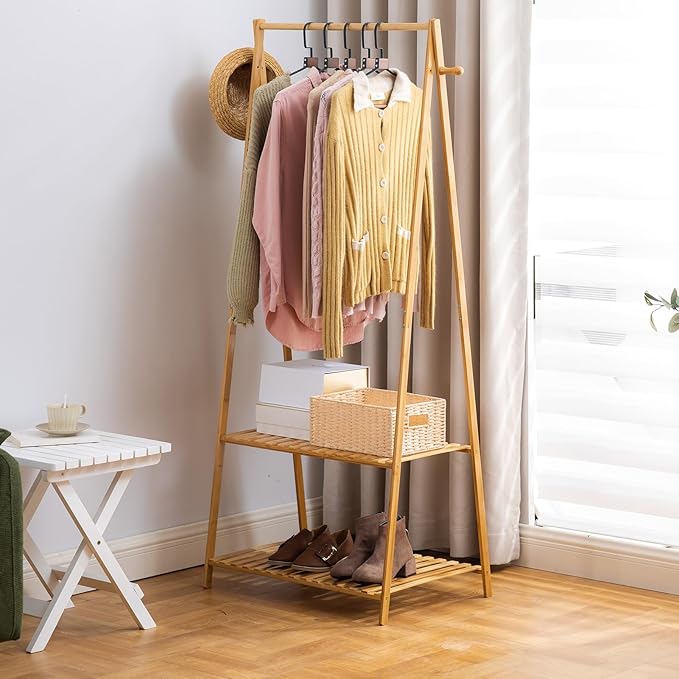 Bamboo Clothing Rack with Top Hanging Garment Rod, 2 Side Hooks & Bottom 2-Tier Shelves – Space-Saving Organizer for Clothes, Hats, Bags & Shoes