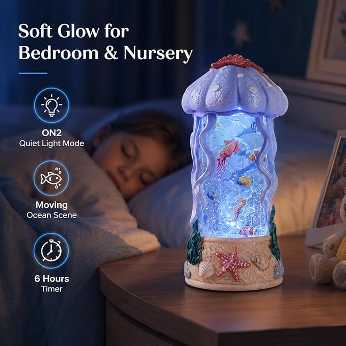 Jellyfish Night Light Water Snow Globe with Music and 2 Soothing Melodies, Rotating Ocean Scene Lamp with 6 Hours Timer, USB Powered or 3 AA Battery Operated Gift for Kids Adults Bedroom Nursery