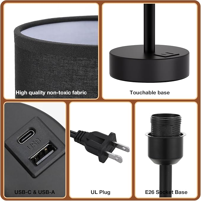 Dicoool Black Touch Bedroom Lamp with USB - 3 Way Dimmable Table Lamp for Bedroom, Nightstand Lamp with Black Charging Station for Desk Dorm, Office, Boy Kids Room, Small