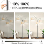 Dimmable Brushed Nickel Floor Lamp, 3 Light Arc Floor Lamp, Modern Tall Standing Tree Lamp with White Shades & Heavy Base, 3000LM Cool White LED Bulbs, Bright Lighting for Living Room, Bedroom, Office