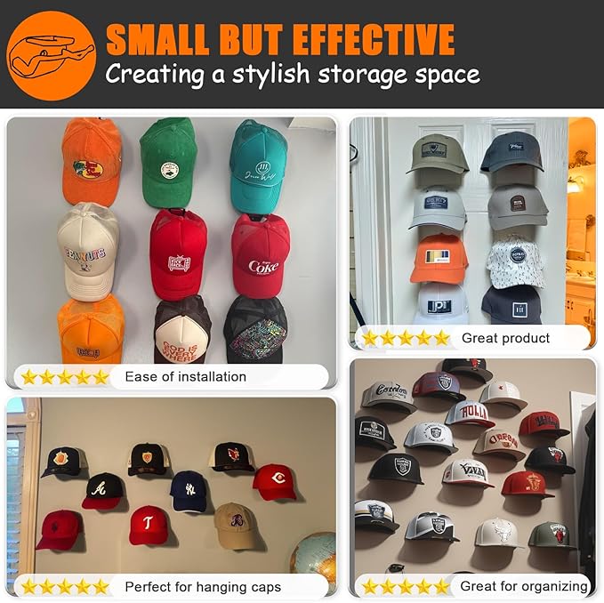24 Pack Adhesive Hat Hooks for Wall, Strong Hat Rack for Baseball Caps, Minimalist Hat Organizer Display for Home Decor, Hat Hold Hanger for Wall, Door, Closet, No Drilling - USA Patented (Black)