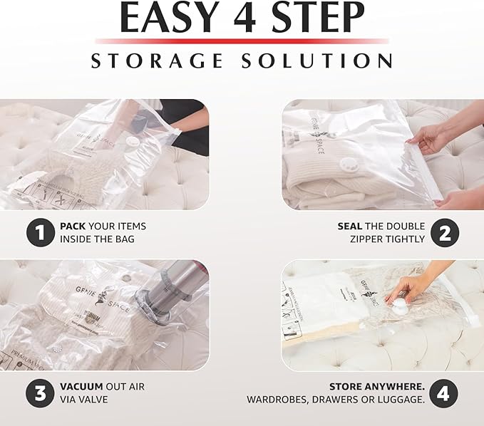 GENIE SPACE Premium Vacuum Storage Bags for Clothes, Bedding and Travel, Large Size 30x24 Inches, Airtight, Odor-Proof and Reusable Space Saver Bags with Double Zipper Seal, 2-Pack