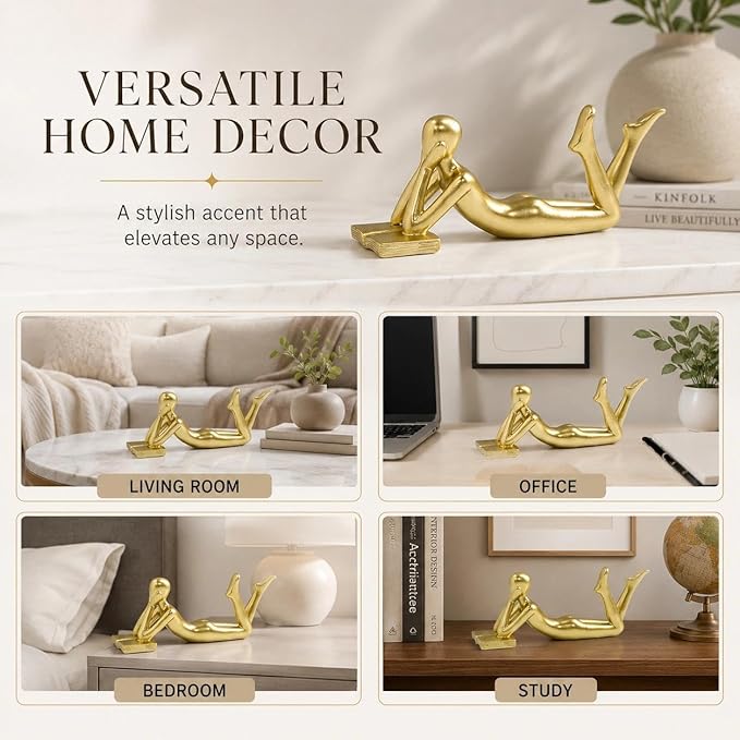 Gold Reading Statue Style B, Abstract Reader Figurine, Resin Book Decor for Bookshelf, Coffee Table, Desk Shelf Decor, Gift for Book Lovers